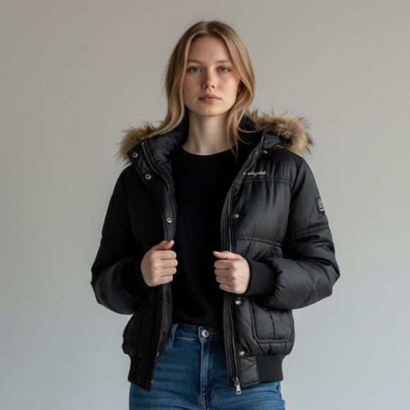 VINTAGE Baby Phat Black Puffer Jacket with Faux Fur Hood - Picture 3 of 9